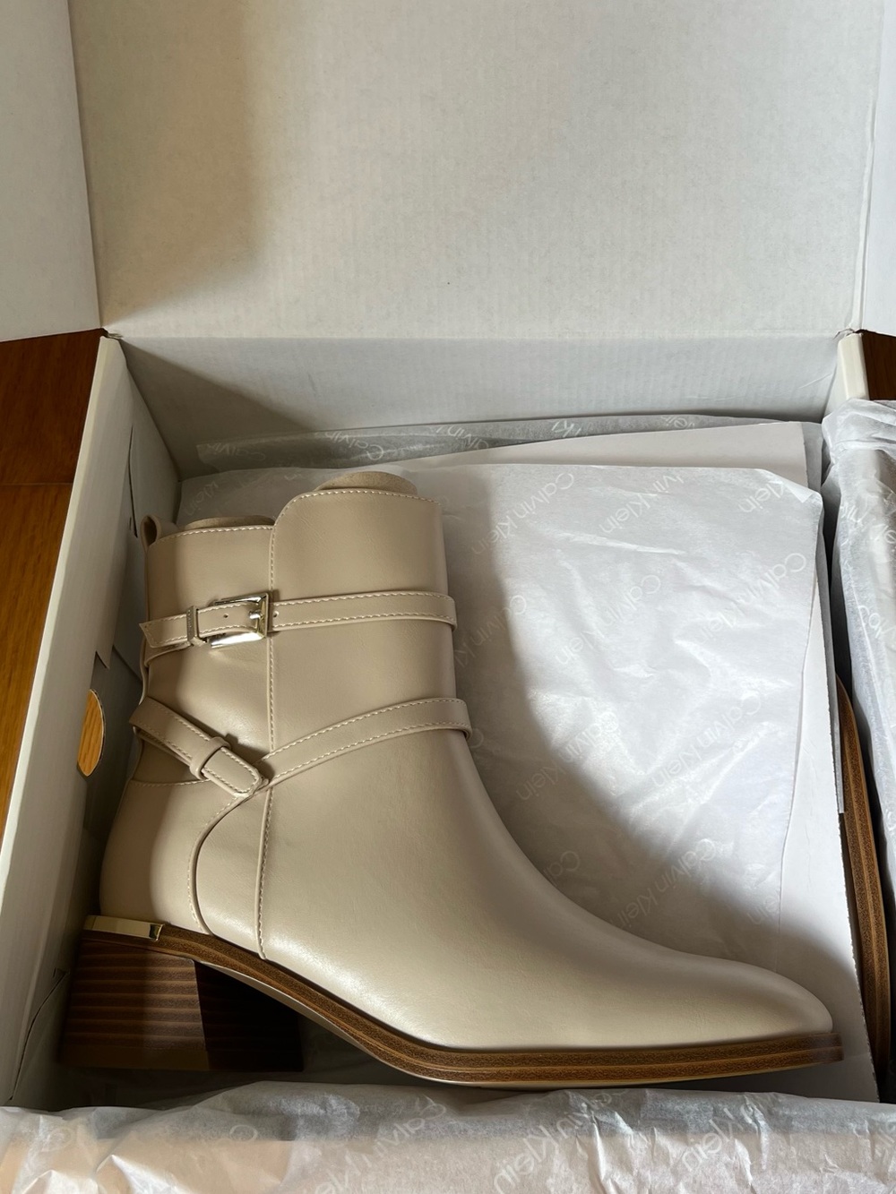 Calvin Klein Cream Buckle Strap Ankle Bootie